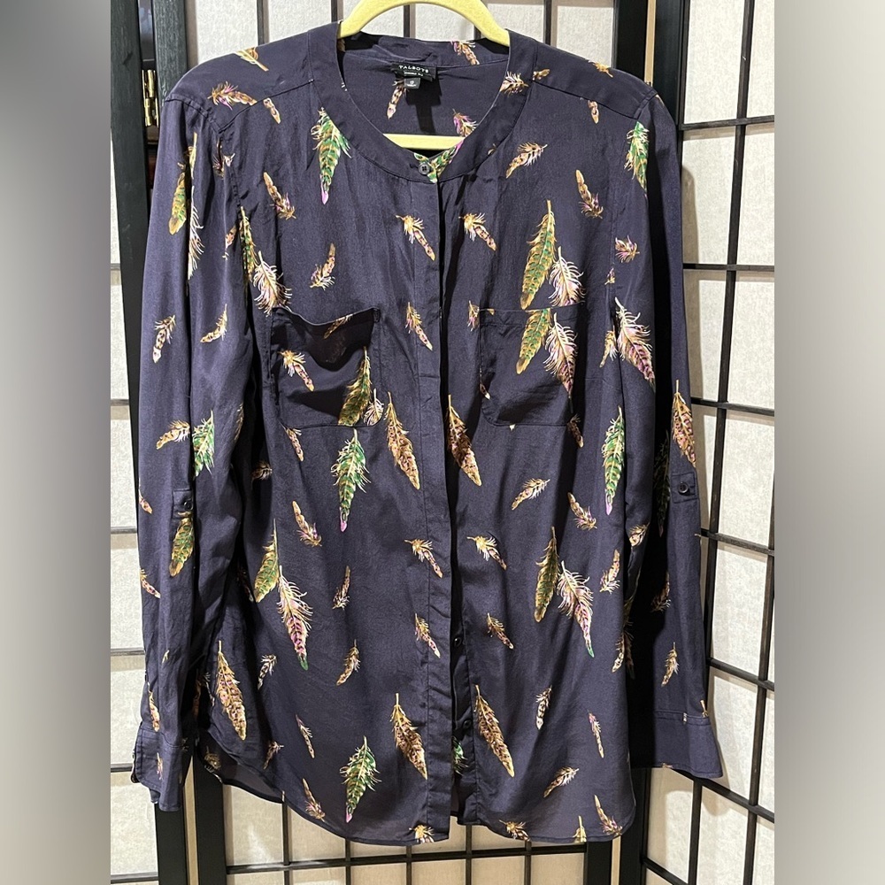 TALBOTS SILK Feather Print Button-Up Shirt in DARK NAVY WOMEN SIZE 12